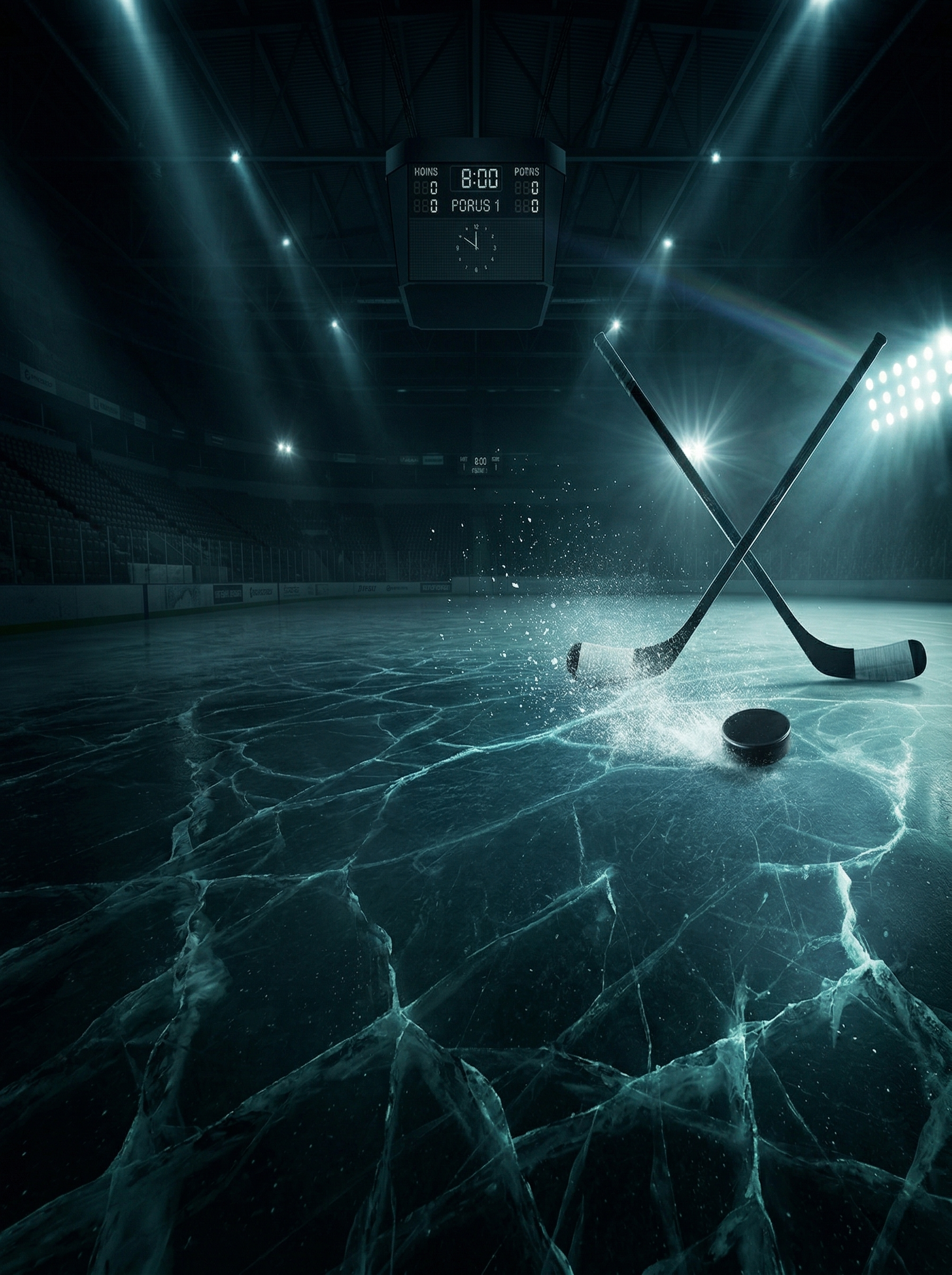 Hockey rink at night with puck and sticks on the ice surface