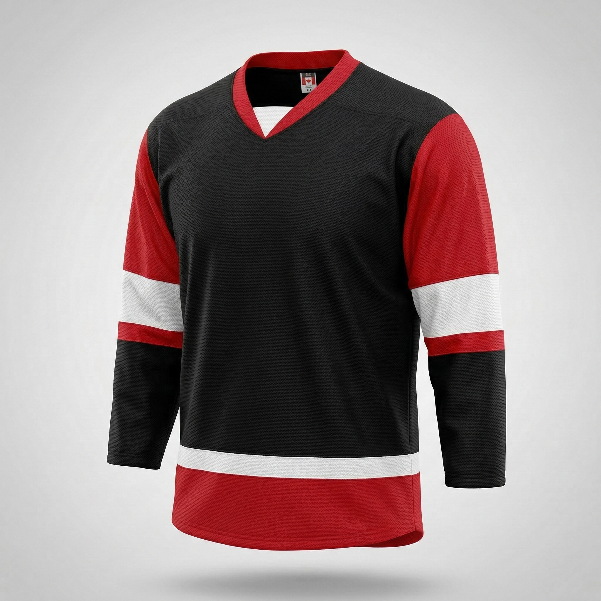 Kobe Sportswear Hockey Black and red hockey jersey with white accents on a light gray background
