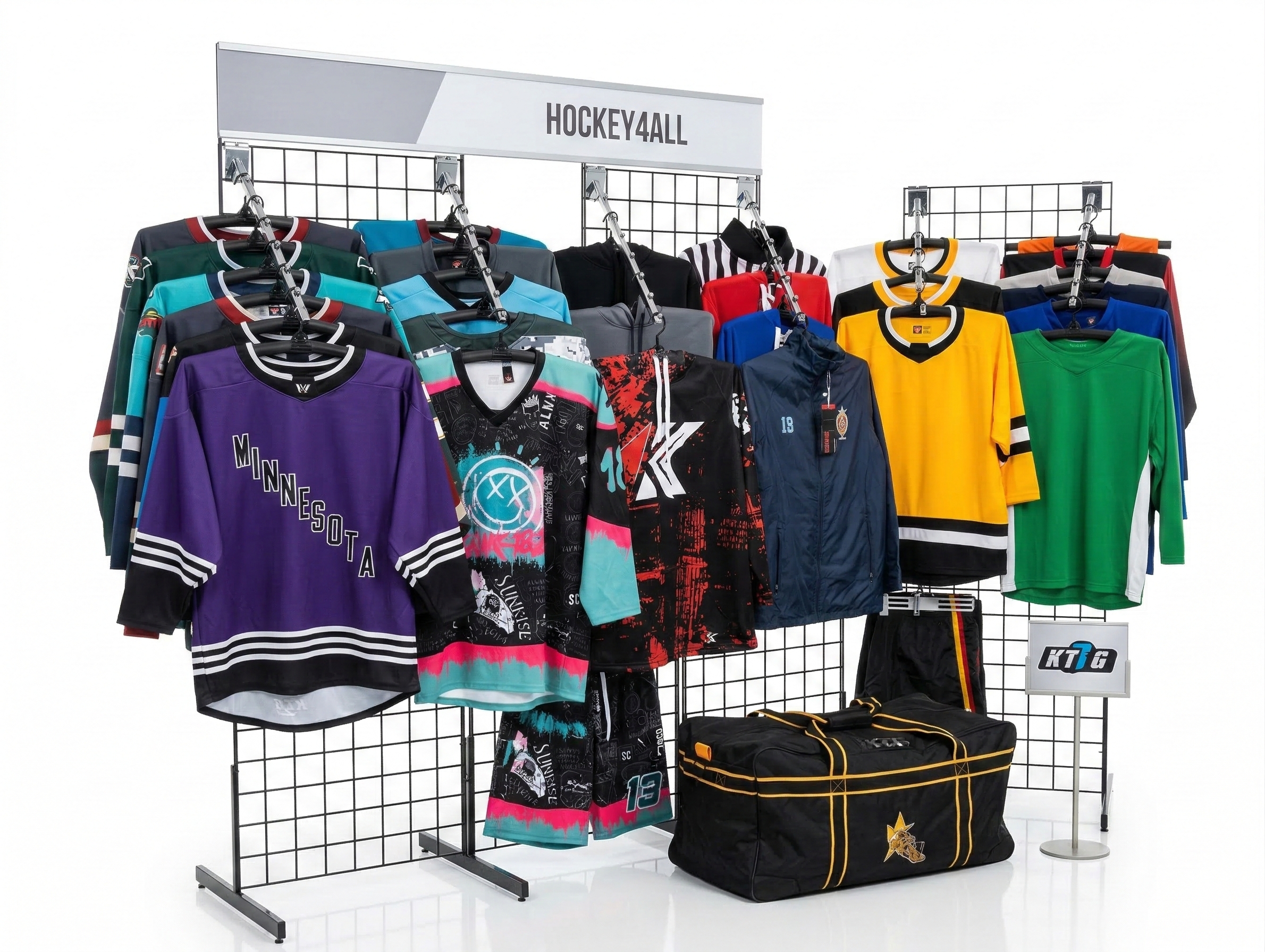 Hockey jerseys and equipment display featuring K3G from Kobesportswear Retail