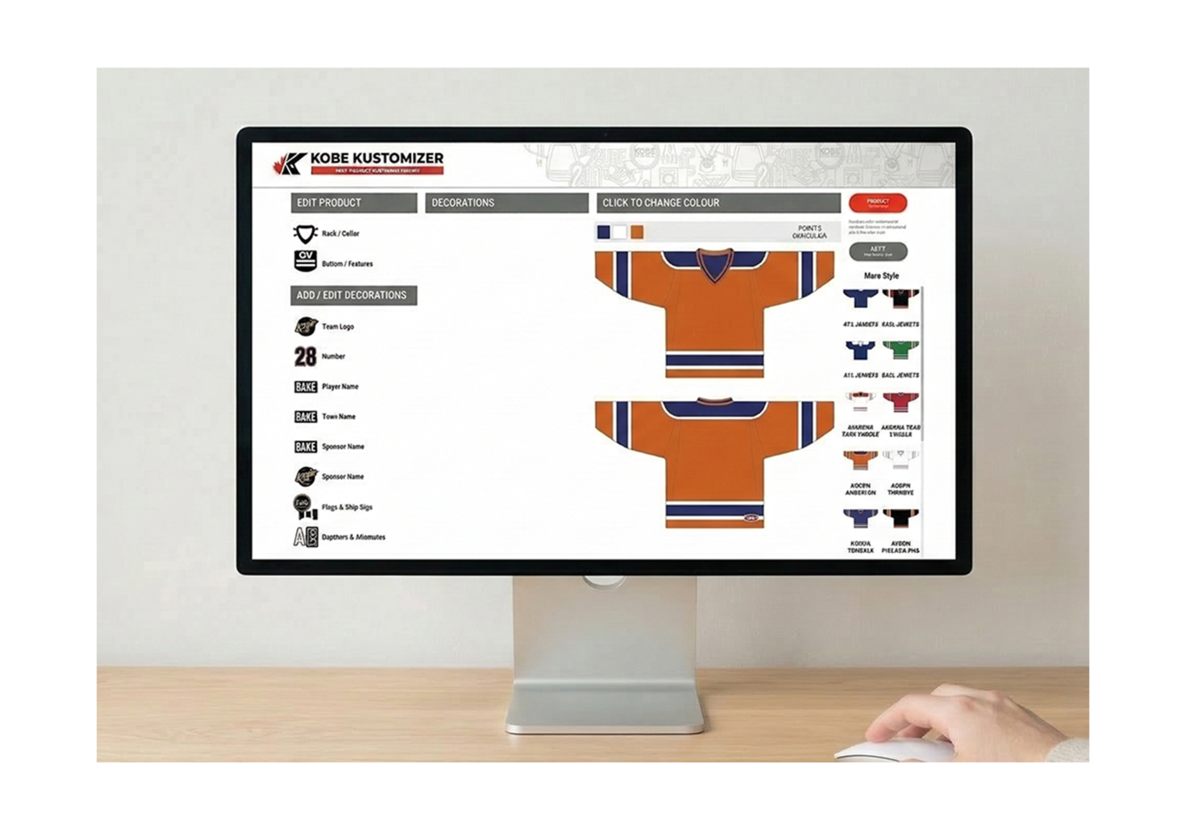Computer screen displaying Kobe Sportswear hockey jersey customization tool with various design options.