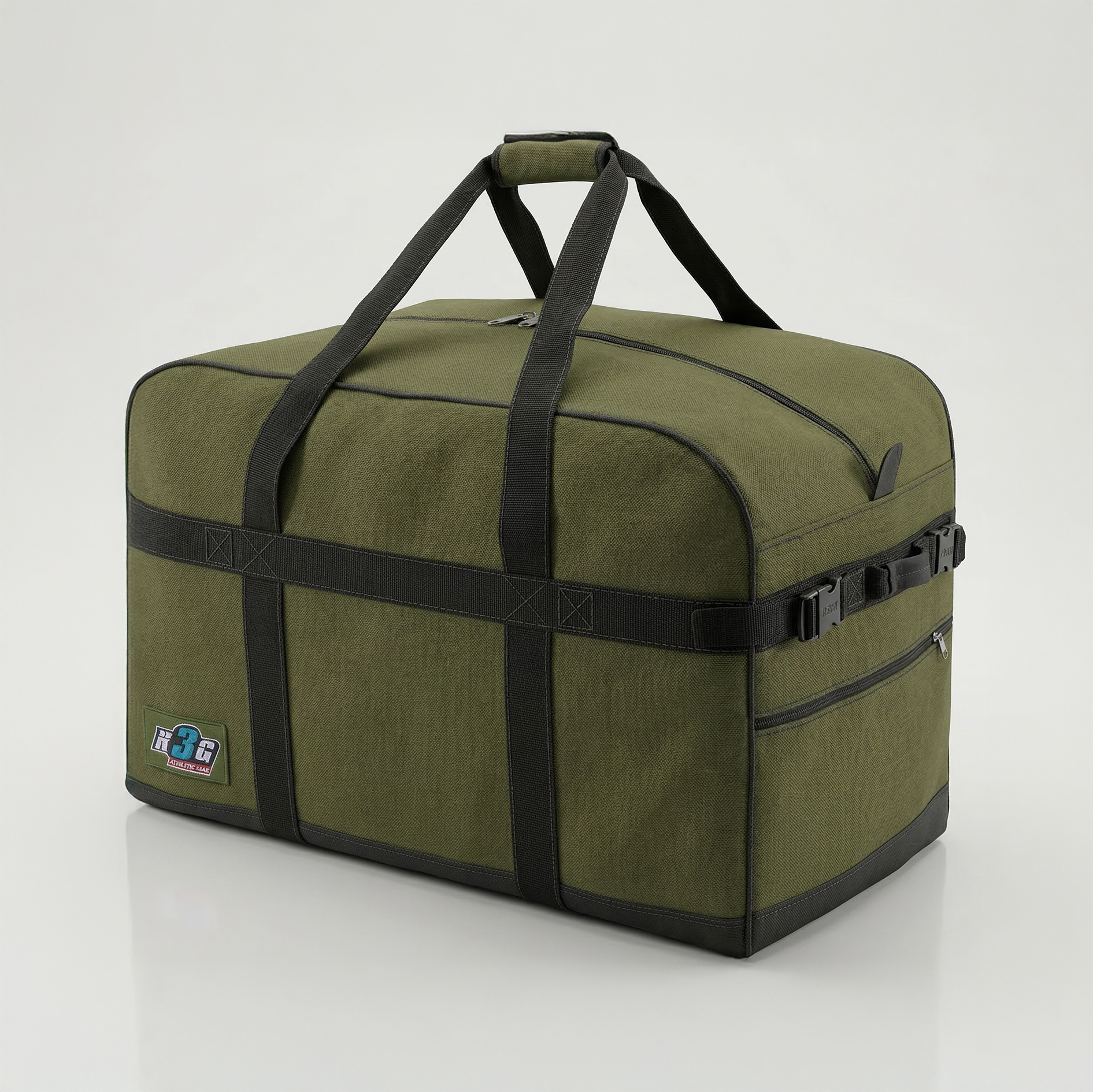 Kobe Sportswear green duffel bag with black straps and K3G logo on a white background