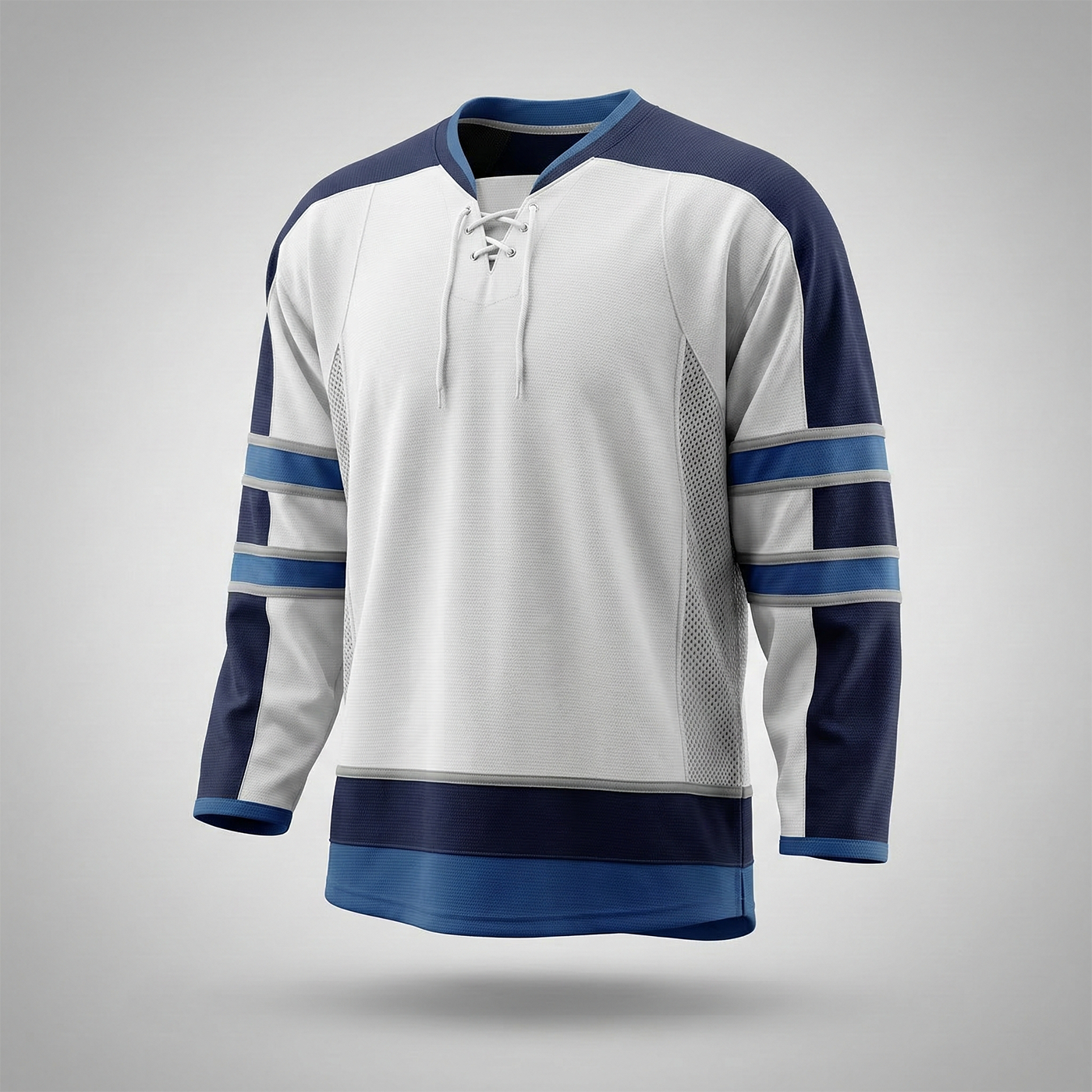 Kobe Sportswear K3G Pro White hockey jersey with blue accents on a gray background