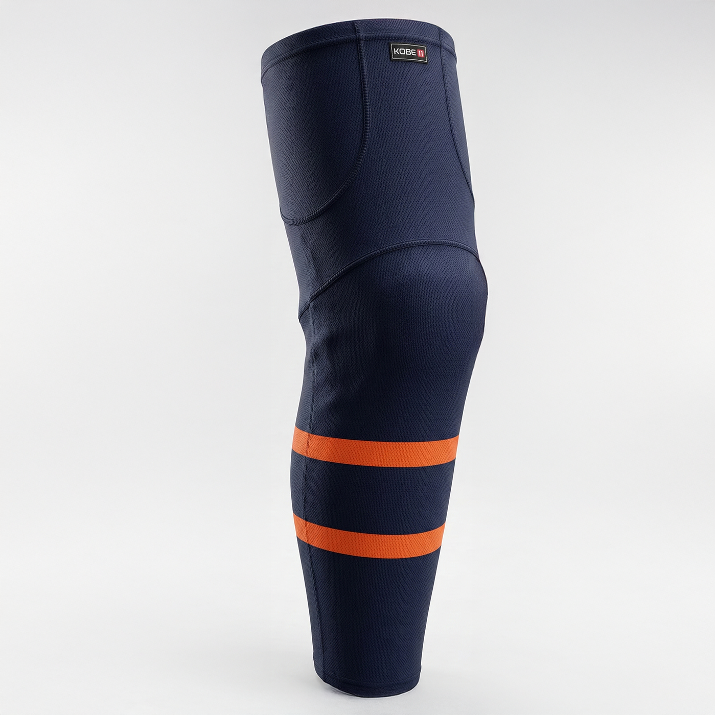 Kobe Sportswear navy knee brace with orange stripes on a white background