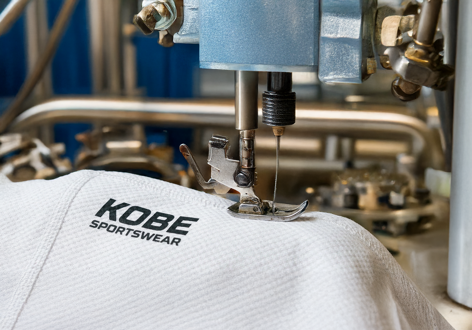 Textile machine stitching 'Kobe Sportswear' onto a white fabric.